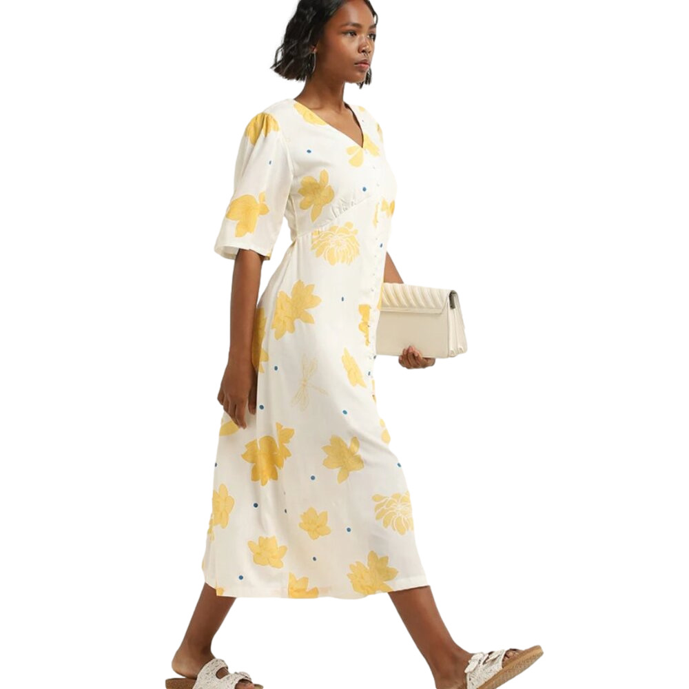 Bombay Paisley by Westside White Floral Printed Empire-Line Ruffle Sleeve Dress